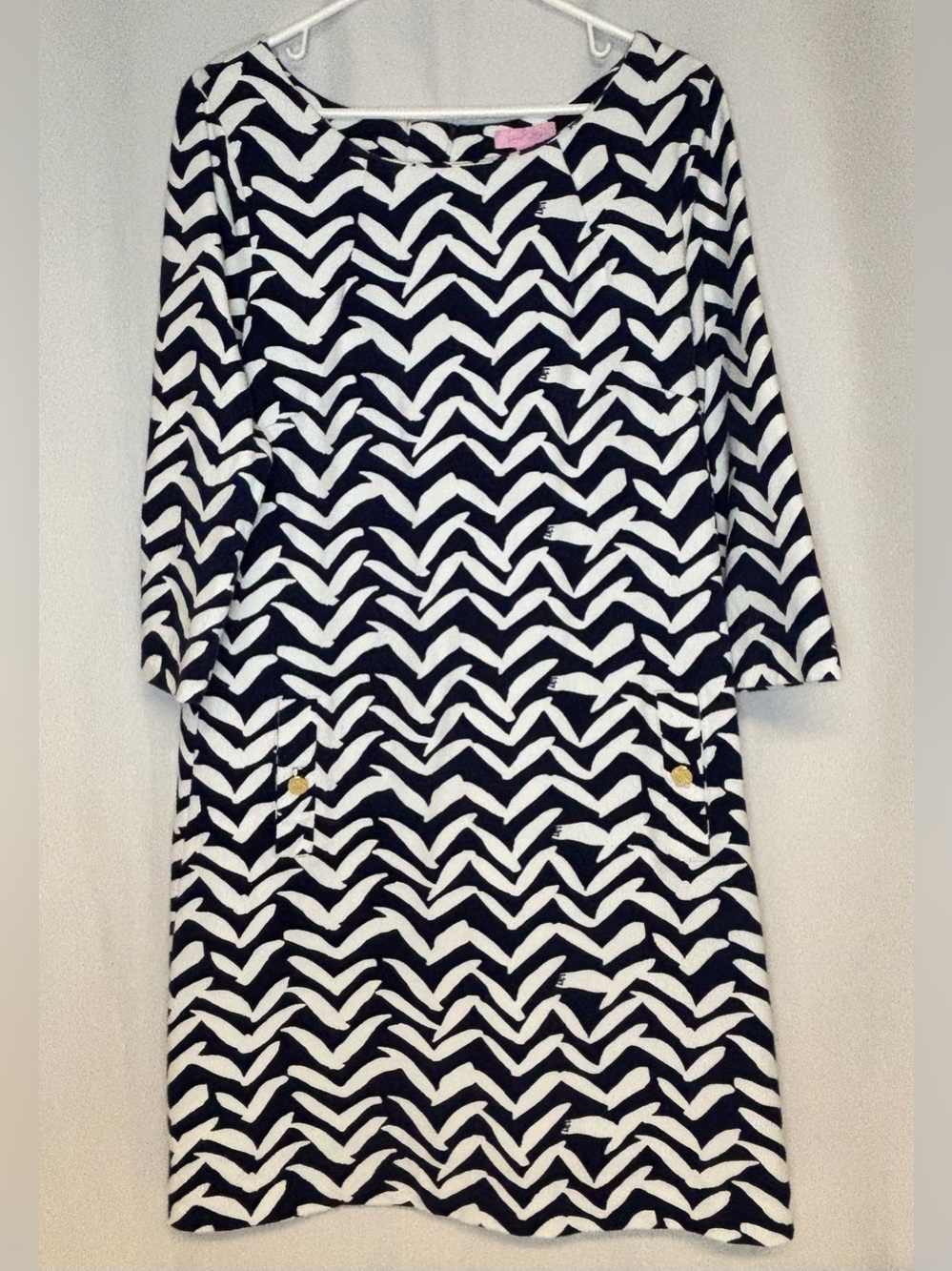 Lilly Pulitzer Charlene Shift Dress Size L I Got Lucky Navy White Bird